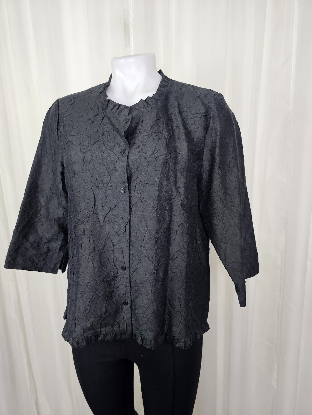 Eileen Fisher Black Crushed Silk Dupioni Button Front Shirt Jacket Medium